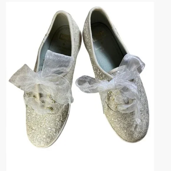 Keds by Kate Spade Champion Glitter Sneakers White Sheer Ribbon Laces Size 7 EUC - Picture 8 of 12